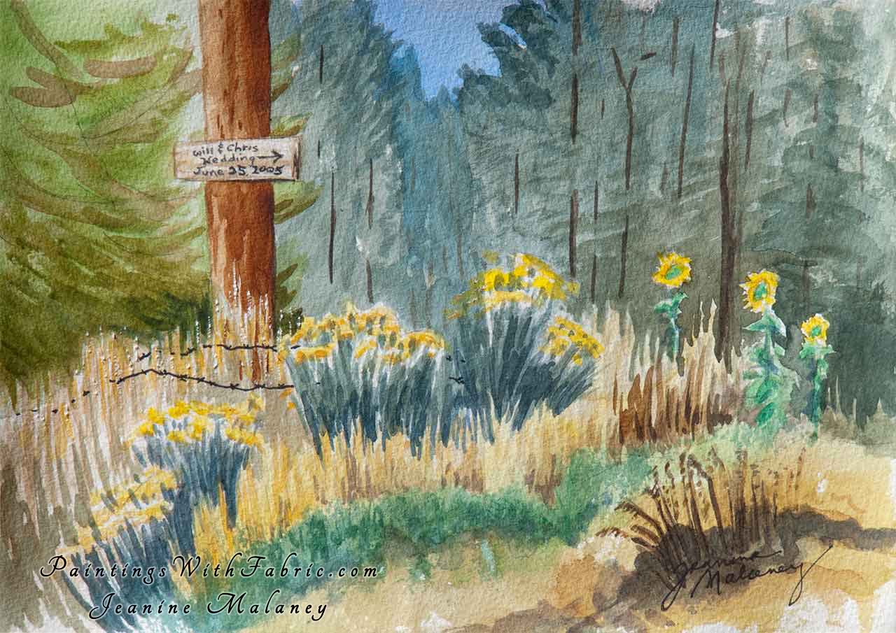 Country Road Wedding  Unframed Original Watercolor Painting A Colorado moutain view with a small sign