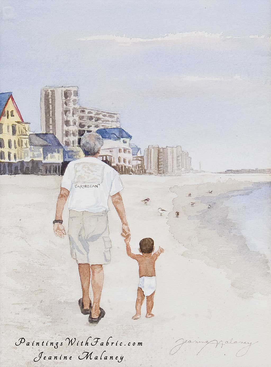 Van and Cruz Unframed Original Watercolor Painting of grandfather and grandson walking Florida beach