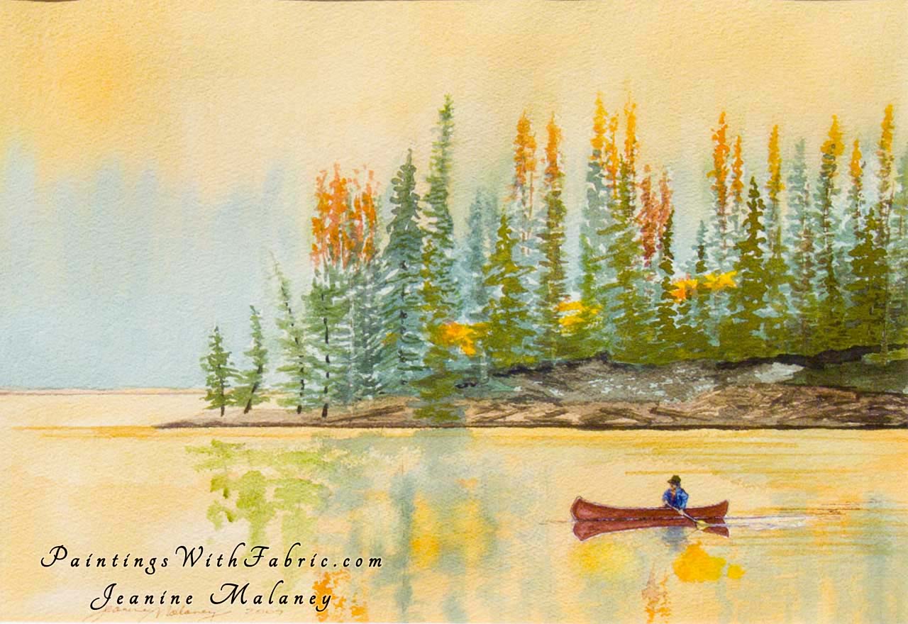 Eve's Spirit on the Lake Unframed Original Watercolor Painting of a canoe with a fisherman on a mountain lake 
