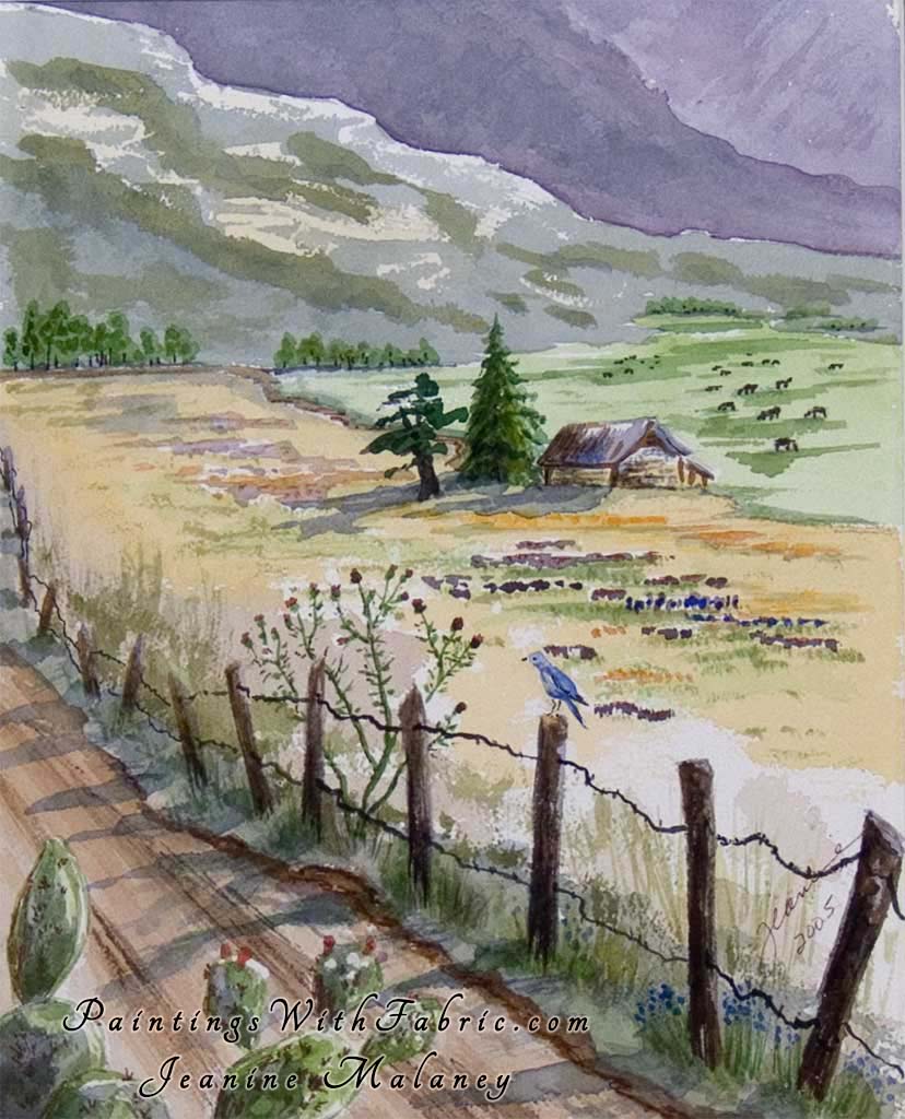 Colorado Country Road Unframed Original Watercolor Painting a bird perched on a fence with mountain backgound