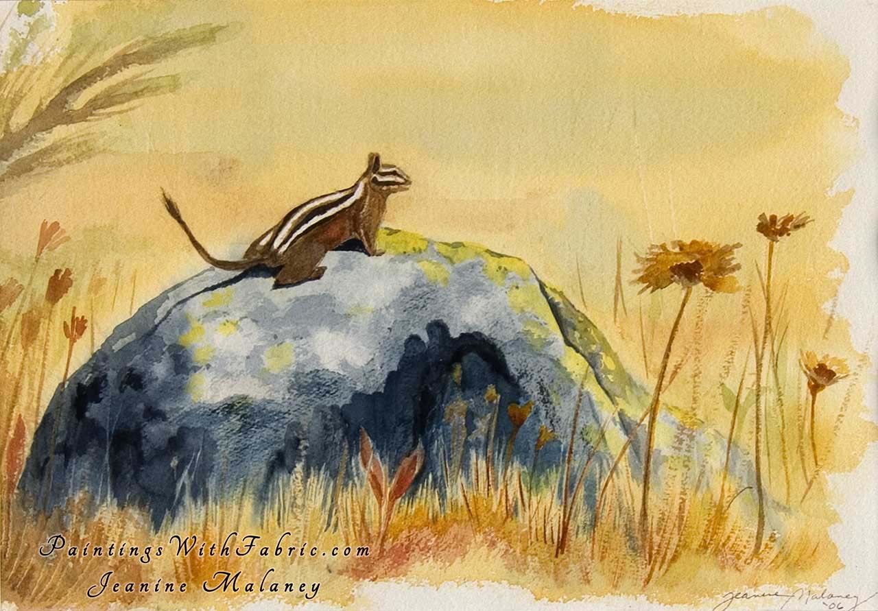 Gretchen Unframed Original Watercolor Painting of a Chipmunk sitting a rock