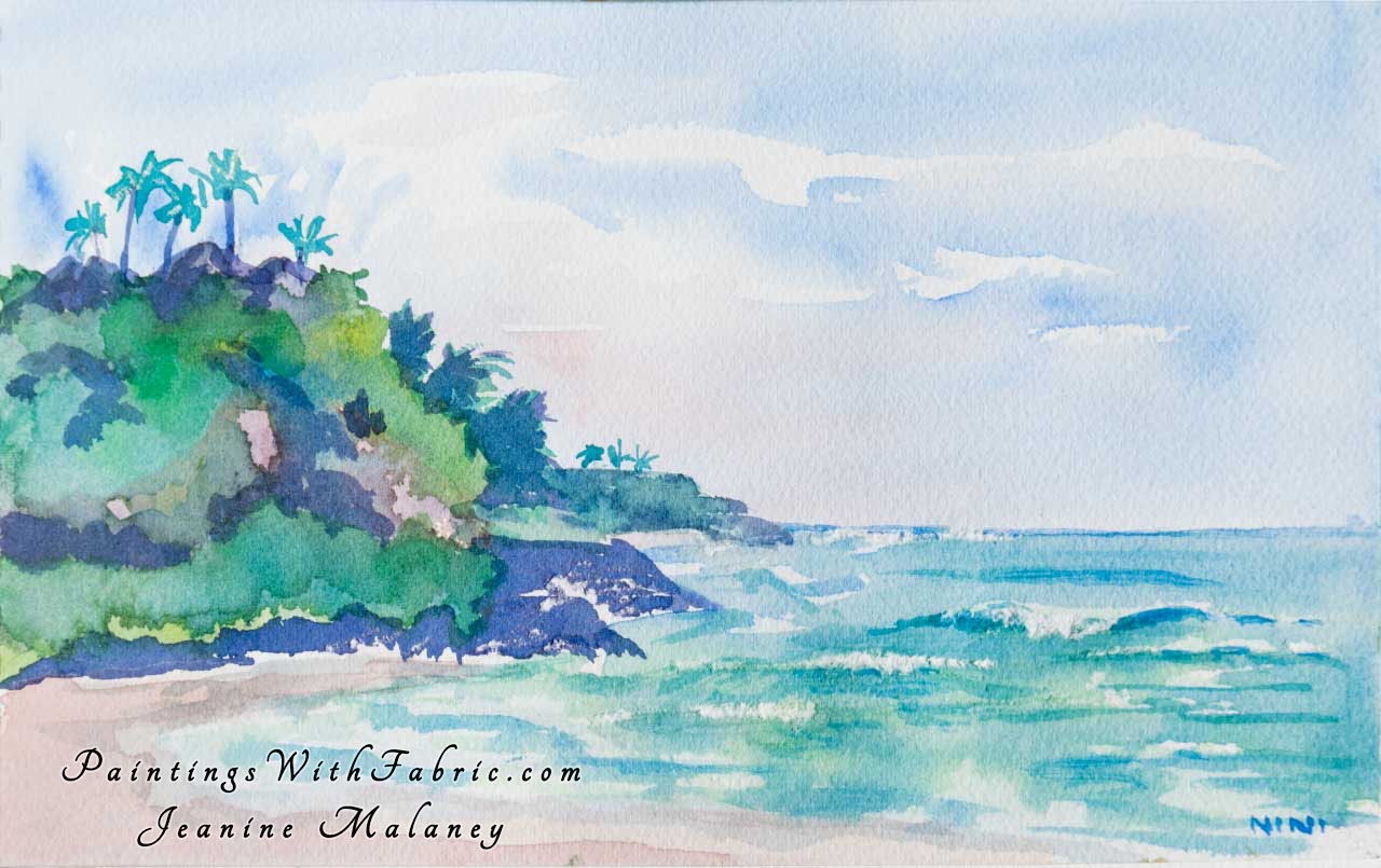 Ha'ena Beach  Unframed Original Watercolor Painting a view of the Ha'ena Beach with coast with some sone jetty