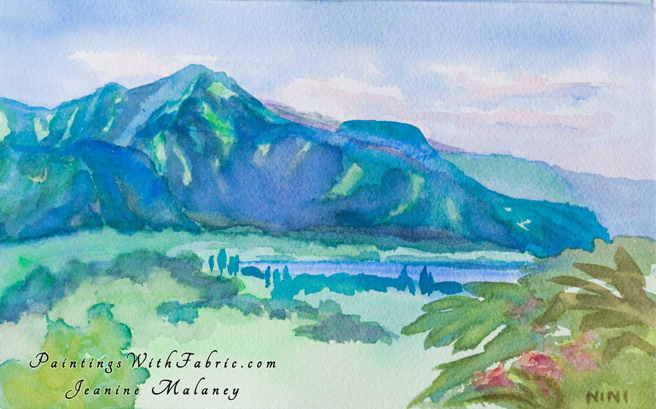 Hanalei Beach  Unframed Original Watercolor Painting Hanalei Beach as viewed form the road above, pullout on curve