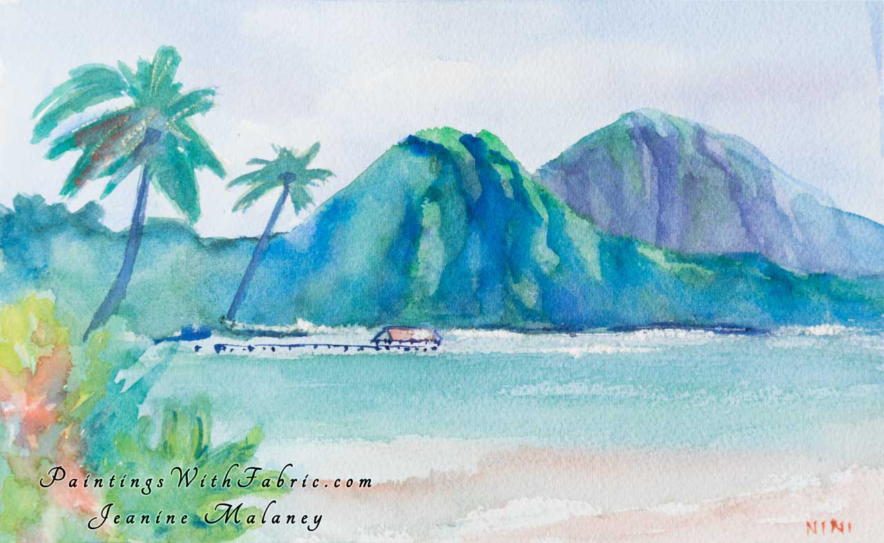Hanalei Bay Pier  Unframed Original Watercolor Painting A quite Hanalei bay with NaPali mountains in the background and 