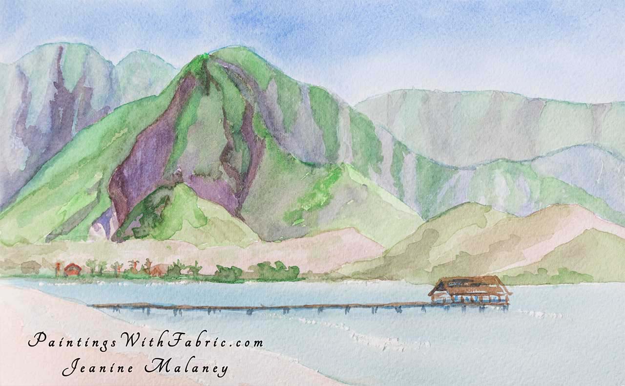 Hanalei Bay Dock Unframed Original Watercolor Painting a dock in a bay with mountain background