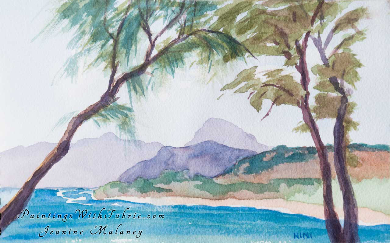 Along Kapa'a Walking Path Unframed Original Watercolor Painting a view of the Kapa'a beach thru two trees