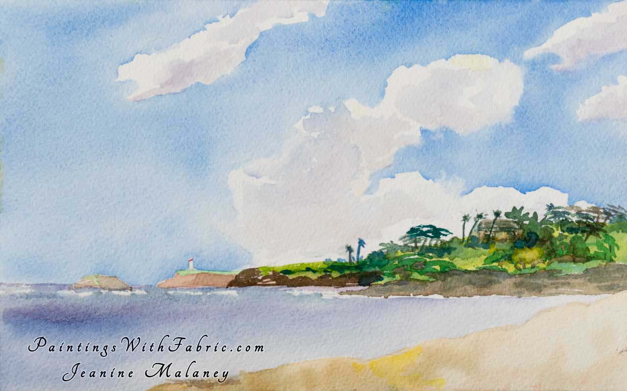 Kilauea point Unframed Original Watercolor Painting a lighthouse sits on an ocean point