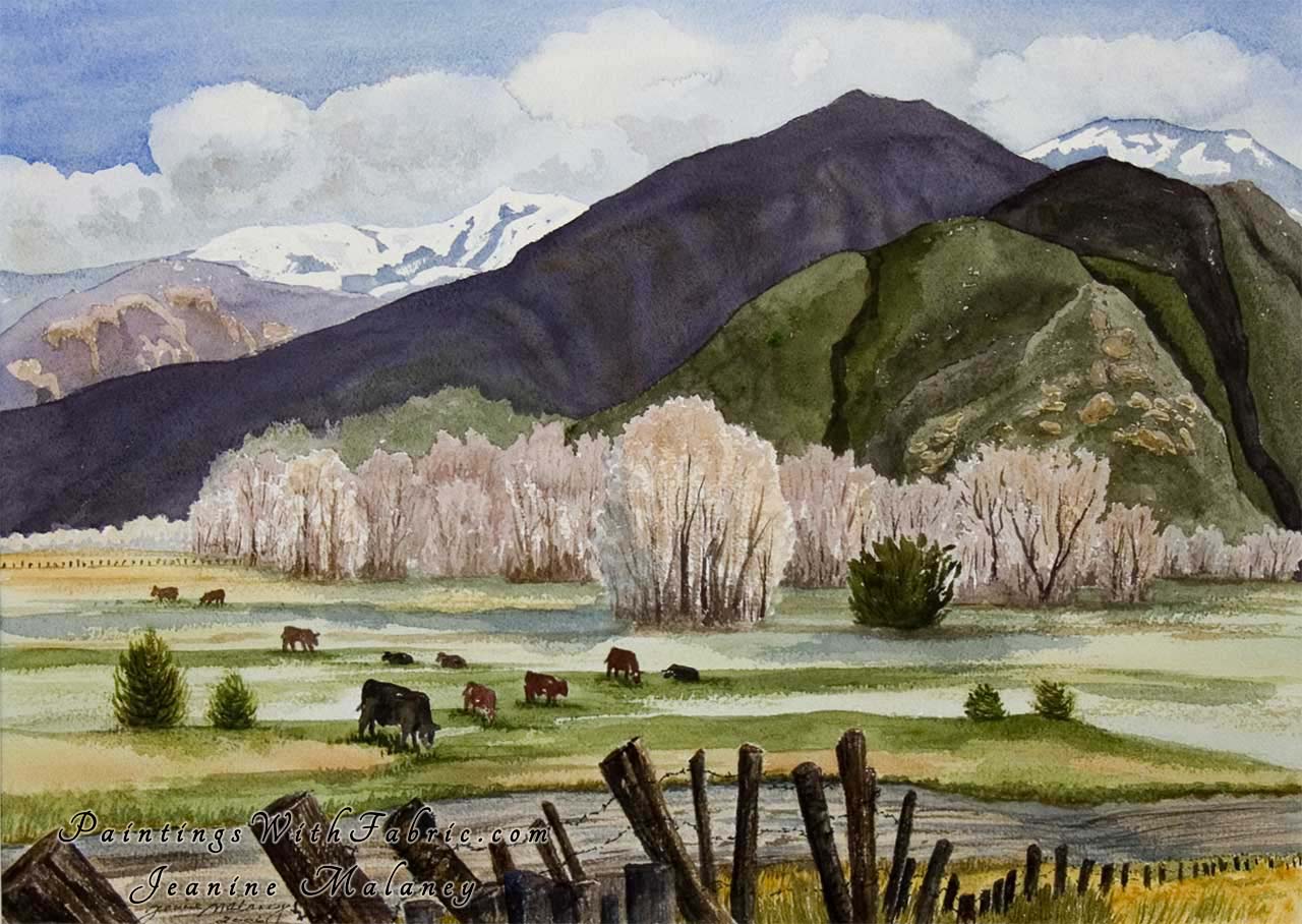 Leaving Taos Unframed Original Watercolor Painting of old fence with mountain north of Taos NM