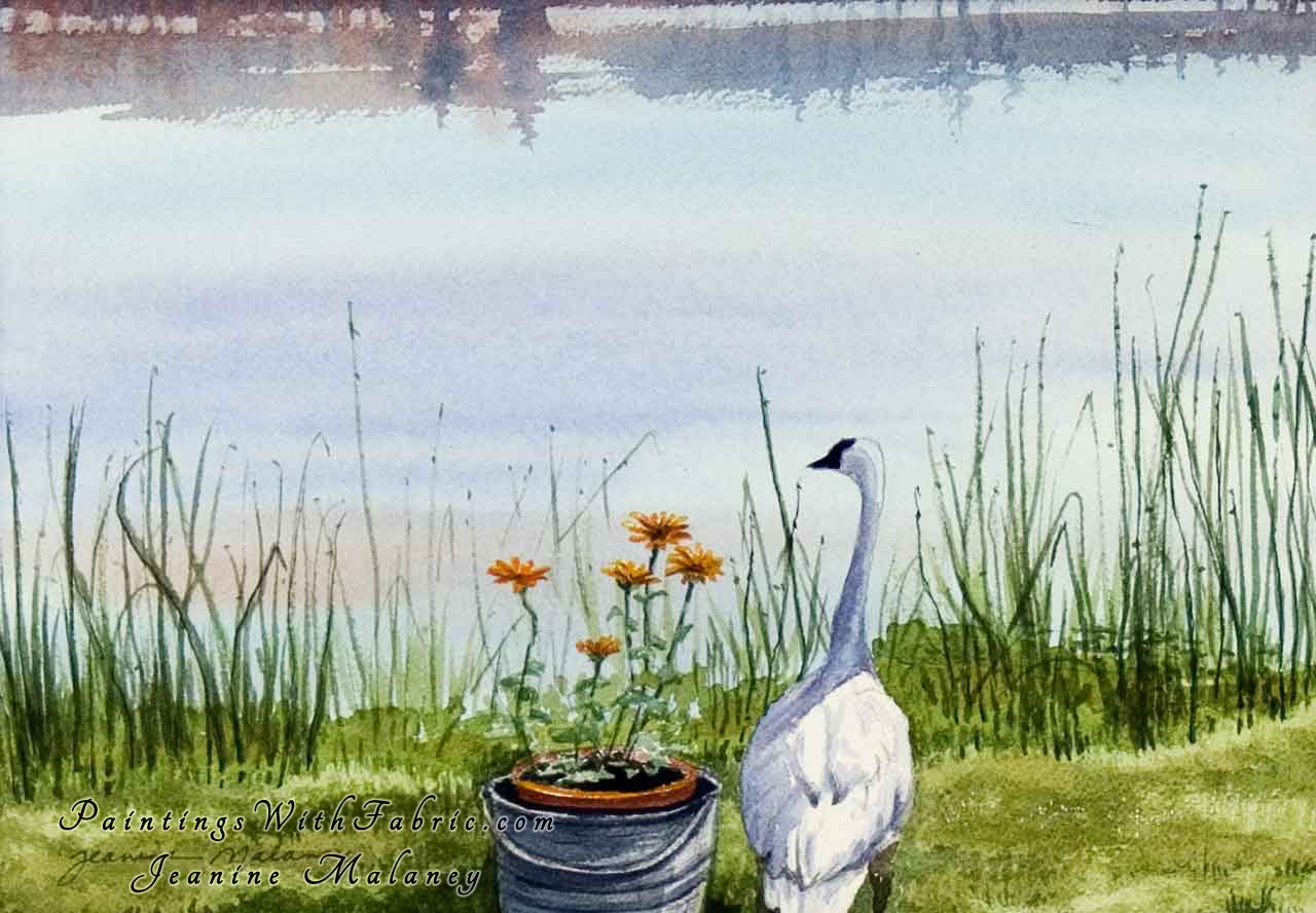 Marshas Swan Unframed Original Watercolor Painting of a mountain lake scene with a swan and flowers