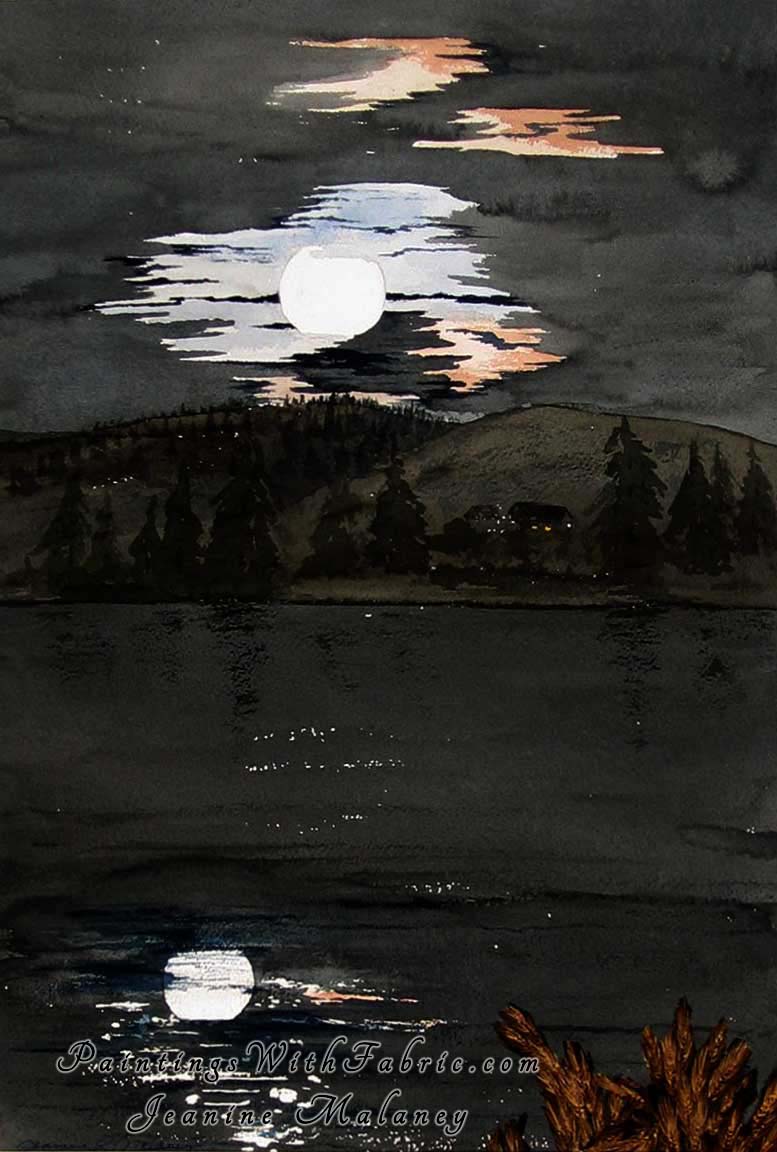 Moonglow Unframed Original Watercolor Painting of a night  full moon reflecting on the lake
