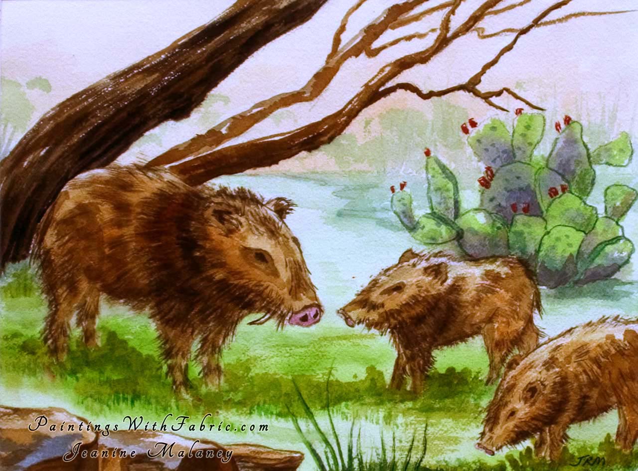 Love is Blind II Unframed Original Watercolor Painting of a mother and 2 young Javalina 
