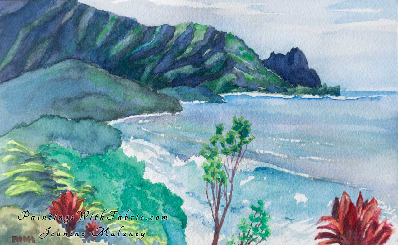Pali Ke Kua Bluff Unframed Original Watercolor Painting standing on the buff looking along the coast in Kauai near Princ