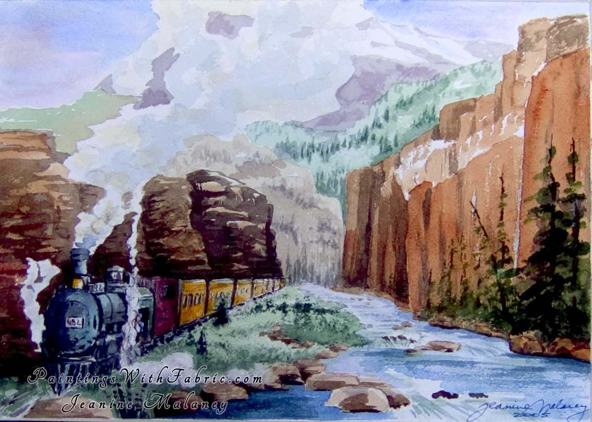 Along the Animas River II Unframed Original Watercolor Painting of steam powered train in mountain cayon