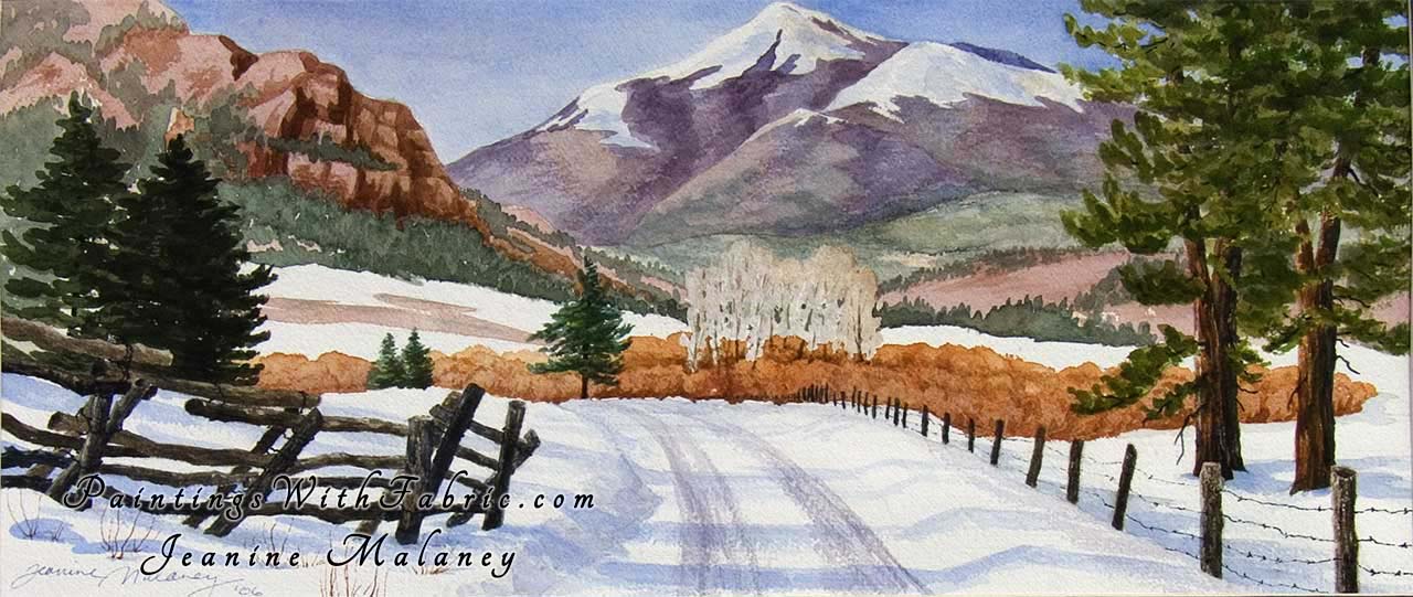 East Fork Road Unframed Original Watercolor Painting of a fence line mountain raod in the winter