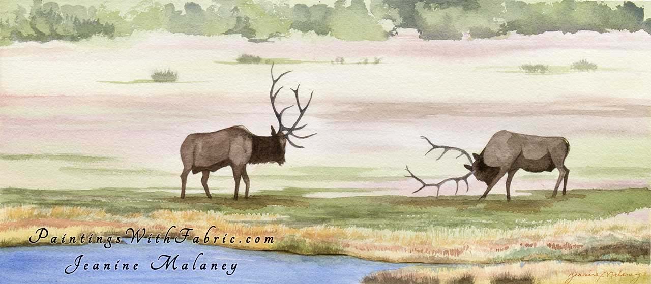 Rut Unframed Original Watercolor Painting of two elk in Rocky Mountain National Park