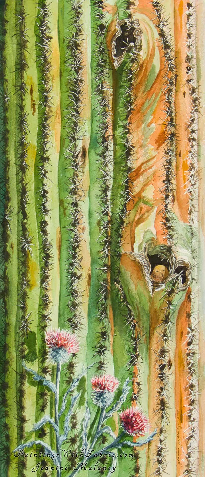 Saguaro Home Unframed Original Watercolor Painting of a closeup of a Saguaro with a Cactus wren in it