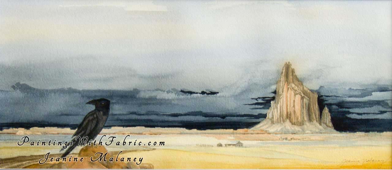 Winter Wheat at Shiprock Unframed Original Watercolor Painting of a crow silhouetted against a stormy sky and Shiprock