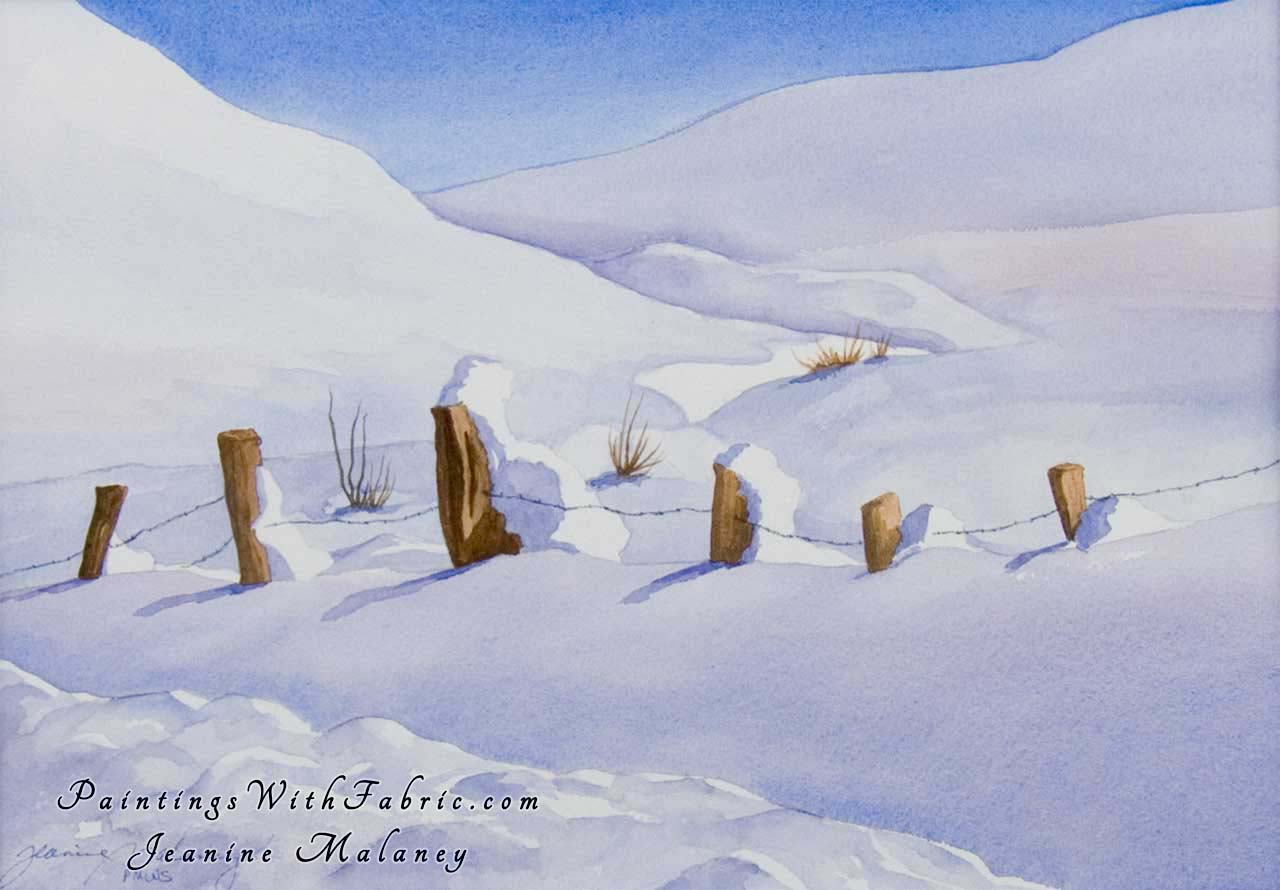 Simply Fence Unframed Original Watercolor Painting of the top half of a old fence in the winter