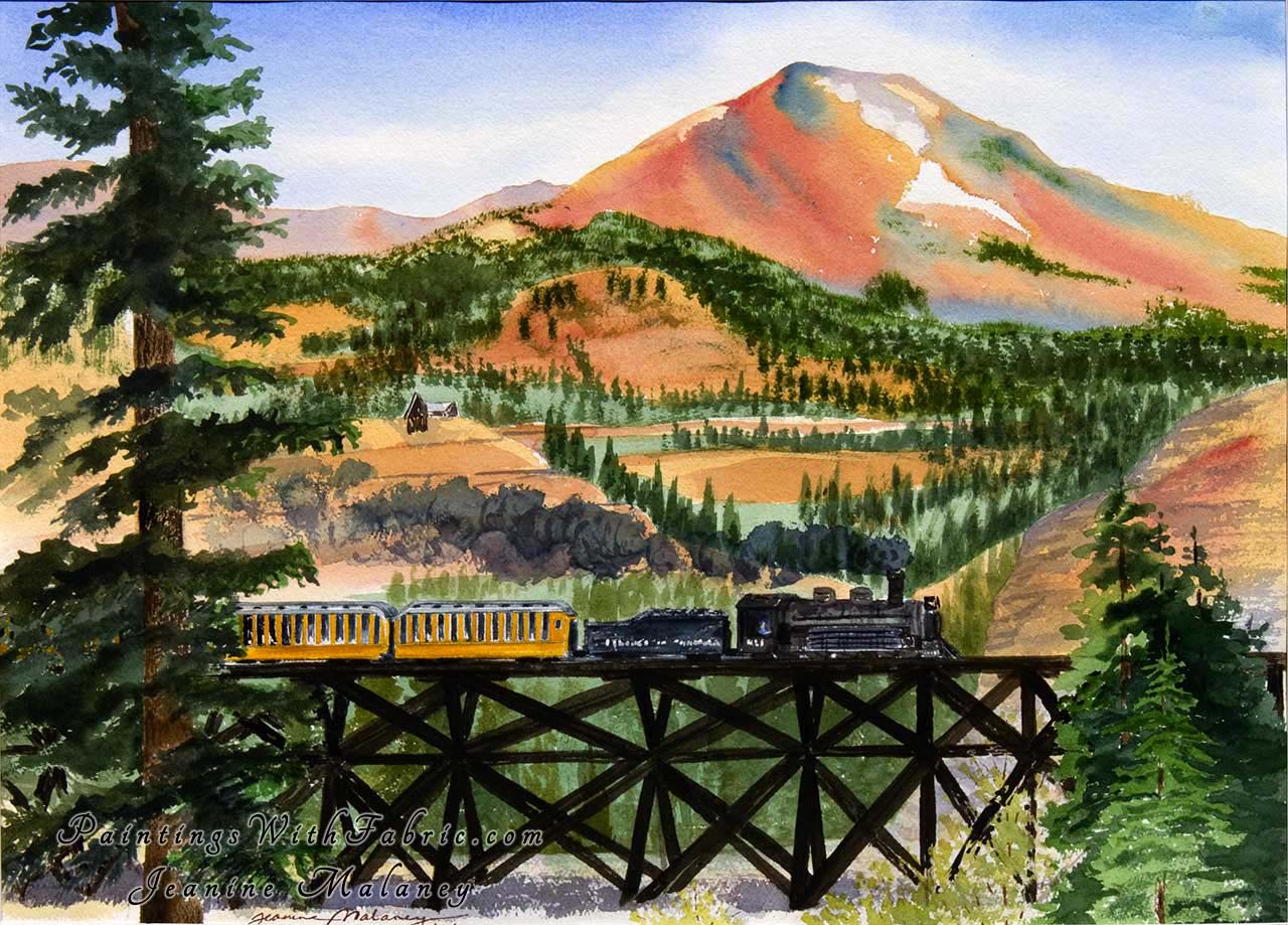 Ouray Fantasy Unframed Original Watercolor Painting of a old train with Colorado Rocky Mountains